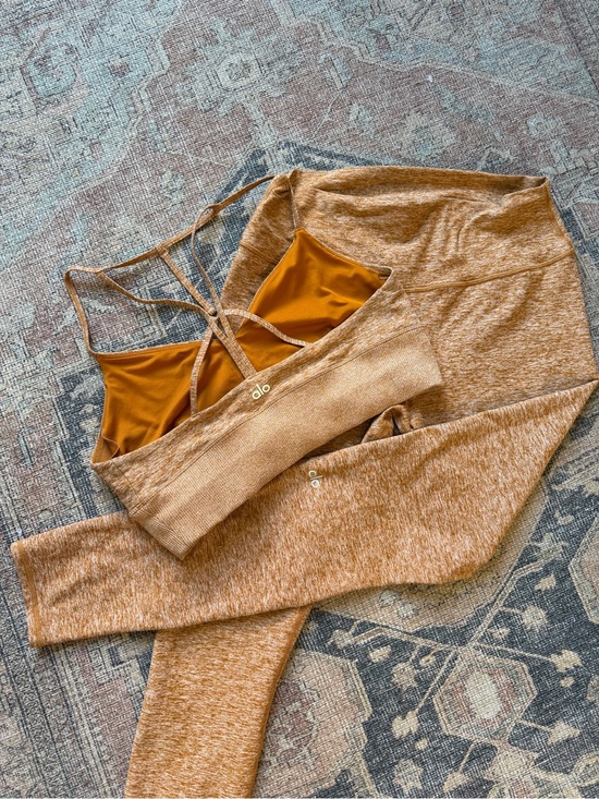 ALO Yoga Pants - ALO Yoga Two-Piece High-Waist Legging and Strappy Bra Set in Camel/Golden Brown